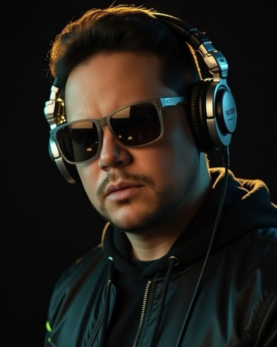 Retrato do DJ Xandee de óculos escuros e fone de ouvido